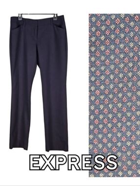 Express Editor Dress Pants Women's 10 Navy Blue Burgundy Pattern Print Work Pant